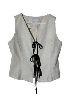 Voy beige linen blend bow tie front workwear vest womens S office siren